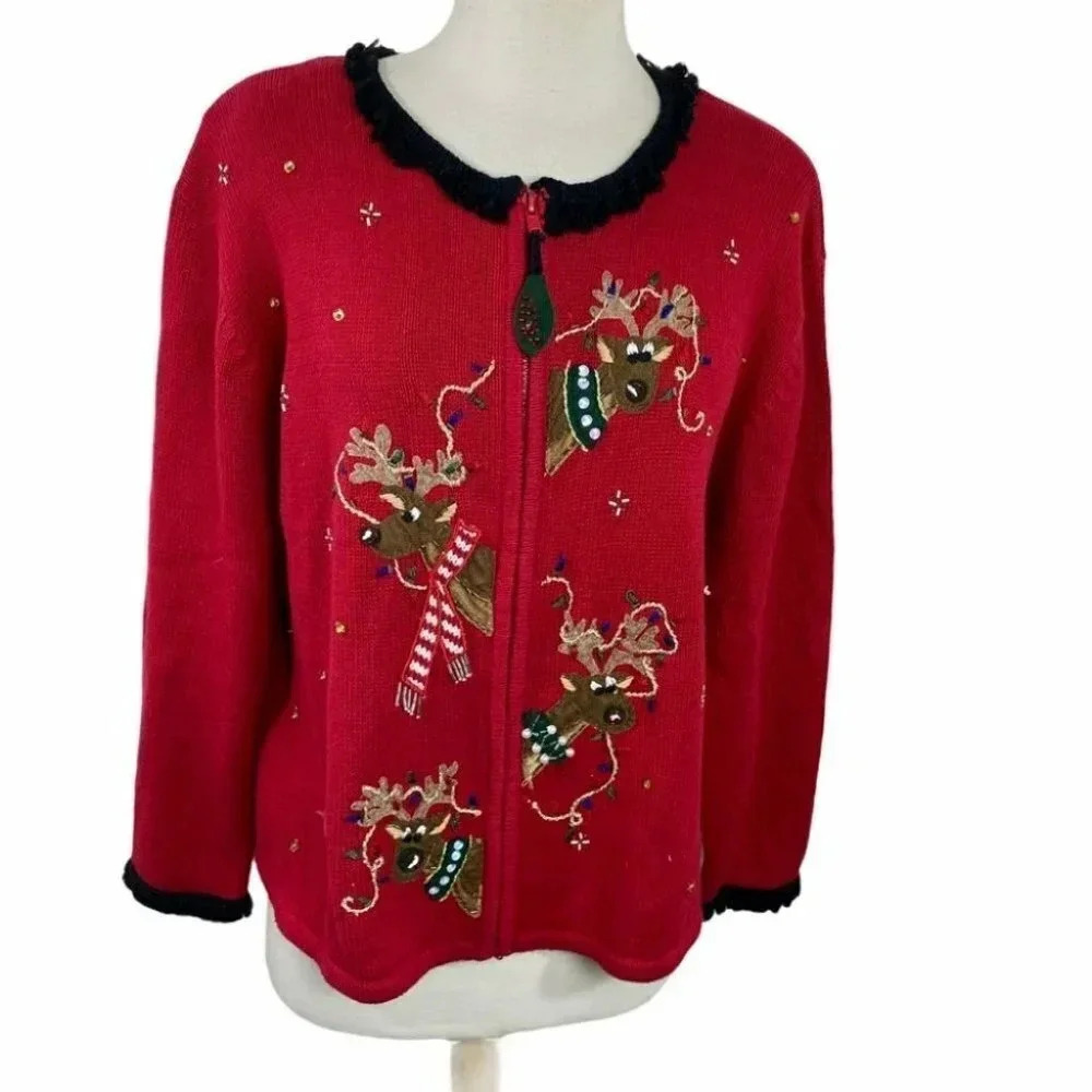 Tiara International‎ Reindeer Zip Cardigan L Red Ugly Christmas Sweater 2003